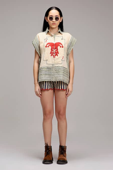 Shop_MATI_1_Off White Cotton Embroidery Collared Joker Motif Striped Shirt With Shorts _Online_at_Aza_Fashions