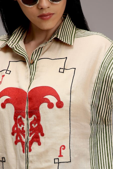 MATI_1_Off White Cotton Embroidery Collared Joker Motif Striped Shirt With Shorts _at_Aza_Fashions