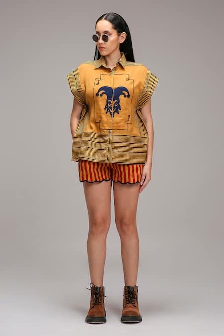 Buy_MATI_1_Brown Cotton Collared Joker Motif Striped Shirt With Shorts _Online_at_Aza_Fashions