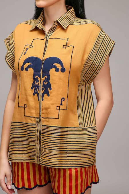 Shop_MATI_1_Brown Cotton Collared Joker Motif Striped Shirt With Shorts _Online_at_Aza_Fashions