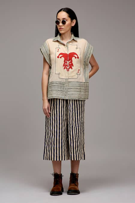MATI_1_Off White Cotton Collared, Button-down Neck Joker Motif Striped Shirt And Pant Set _Online_at_Aza_Fashions