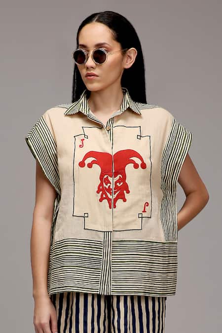 Buy_MATI_1_Off White Cotton Collared, Button-down Neck Joker Motif Striped Shirt And Pant Set _Online_at_Aza_Fashions