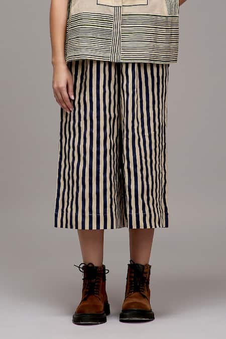 Shop_MATI_1_Off White Cotton Collared, Button-down Neck Joker Motif Striped Shirt And Pant Set _Online_at_Aza_Fashions