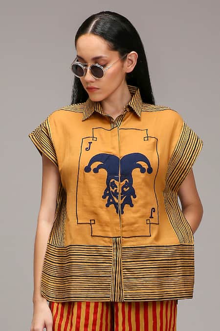 Buy MATI_1 Brown Cotton Collared, Button-down Neck Joker Motif Shirt With Pant Online at Aza Fashions Buy_MATI_1_Brown Cotton Collared, Button-down Neck Joker Motif Shirt With Pant _Online_at_Aza_Fashions