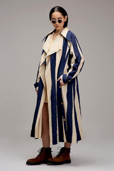 MATI_1 Off White Cotton Embroidery V-neck, Striped Long Jacket And Short Dress Set Online at Aza Fashions MATI_1_Off White Cotton Embroidery V-neck, Striped Long Jacket And Short Dress Set _Online_at_Aza_Fashions