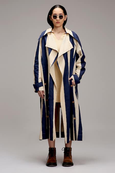 Buy MATI_1 Off White Cotton Embroidery V-neck, Striped Long Jacket And Short Dress Set Online at Aza Fashions Buy_MATI_1_Off White Cotton Embroidery V-neck, Striped Long Jacket And Short Dress Set _Online_at_Aza_Fashions