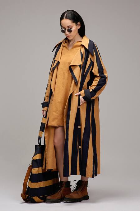 Buy MATI_1 Tan Cotton Embroidery V-neck, Shawl Vertical Stripe Dress And Longline Jacket Set Online at Aza Fashions Buy_MATI_1_Tan Cotton Embroidery V-neck, Shawl Vertical Stripe Dress And Longline Jacket Set _Online_at_Aza_Fashions