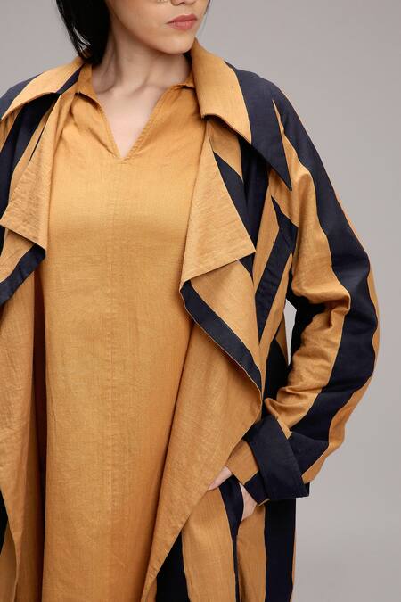 Shop MATI_1 Tan Cotton Embroidery V-neck, Shawl Vertical Stripe Dress And Longline Jacket Set Online at Aza Fashions Shop_MATI_1_Tan Cotton Embroidery V-neck, Shawl Vertical Stripe Dress And Longline Jacket Set _Online_at_Aza_Fashions