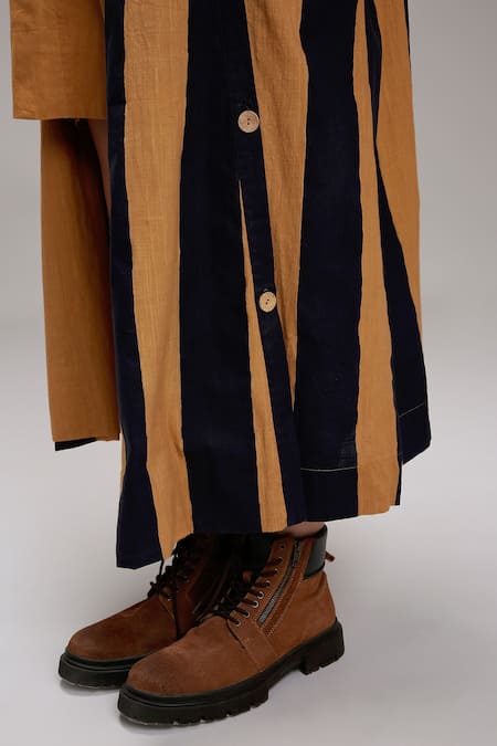 MATI_1 Tan Cotton Embroidery V-neck, Shawl Vertical Stripe Dress And Longline Jacket Set at Aza Fashions MATI_1_Tan Cotton Embroidery V-neck, Shawl Vertical Stripe Dress And Longline Jacket Set _at_Aza_Fashions