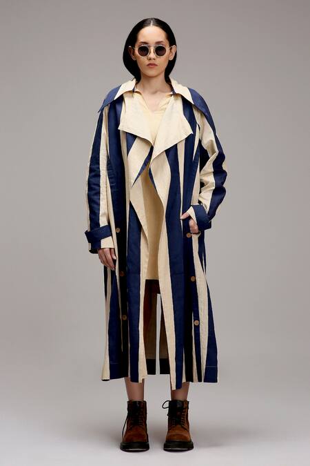 MATI_1_Off White Cotton Embroidery Collared, V-neck Vertical Stripe Longline Jacket _Online_at_Aza_Fashions