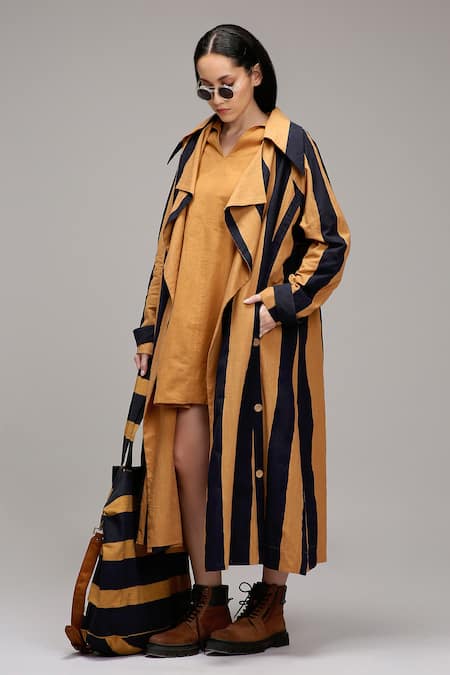 MATI_1 Brown Cotton Embroidery Open Neck Striped Longline Jacket Online at Aza Fashions MATI_1_Brown Cotton Embroidery Open Neck Striped Longline Jacket _Online_at_Aza_Fashions