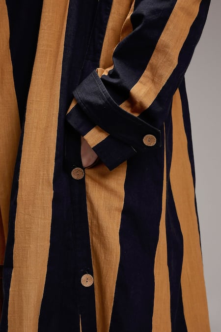 Buy MATI_1 Brown Cotton Embroidery Open Neck Striped Longline Jacket Online at Aza Fashions Buy_MATI_1_Brown Cotton Embroidery Open Neck Striped Longline Jacket _Online_at_Aza_Fashions