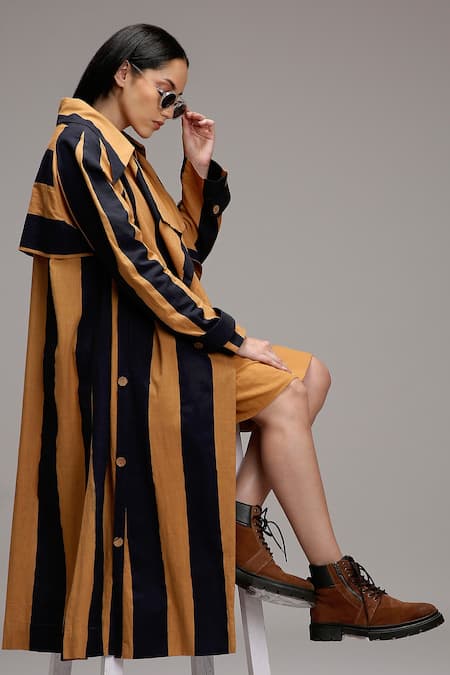 Shop MATI_1 Brown Cotton Embroidery Open Neck Striped Longline Jacket Online at Aza Fashions Shop_MATI_1_Brown Cotton Embroidery Open Neck Striped Longline Jacket _Online_at_Aza_Fashions