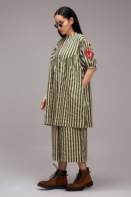 Buy_MATI_Off White Cotton Embroidery High , Round Stripe Pattern Gathered Tunic _Online_at_Aza_Fashions