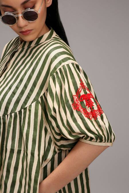 Shop_MATI_Off White Cotton Embroidery High , Round Stripe Pattern Gathered Tunic _Online_at_Aza_Fashions