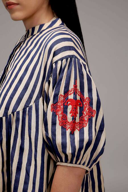 Shop_MATI_Off White Cotton Embroidery Collared Stripe Pattern Gathered Tunic _Online_at_Aza_Fashions