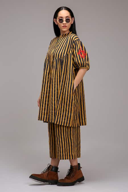 MATI_Brown Cotton Embroidery High Neck Stripe Pattern Gathered Tunic  _Online_at_Aza_Fashions