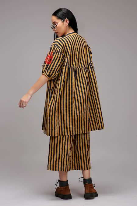 Shop_MATI_Brown Cotton Embroidery High Neck Stripe Pattern Gathered Tunic  _Online_at_Aza_Fashions