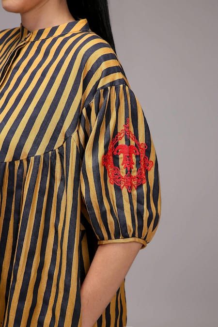 Shop_MATI_Brown Cotton Embroidery High Neck Stripe Pattern Gathered Tunic  