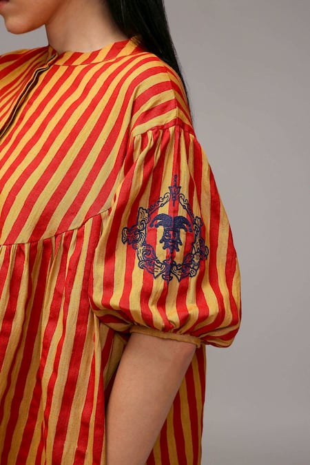 Shop_MATI_1_Brown Cotton Embroidery Mandarin Collar Striped Gathered Tunic  _Online_at_Aza_Fashions