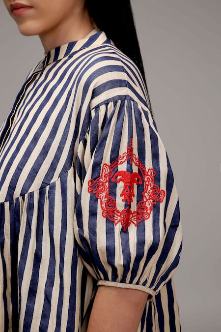 MATI Off White Cotton Embroidery Collared, Mandarin Striped Tunic And Pant Set at Aza Fashions MATI_Off White Cotton Embroidery Collared, Mandarin Striped Tunic And Pant Set _at_Aza_Fashions