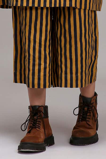 MATI_Brown Cotton Embroidery Mandarin Collar Striped Tunic And Pant Set  _Online_at_Aza_Fashions