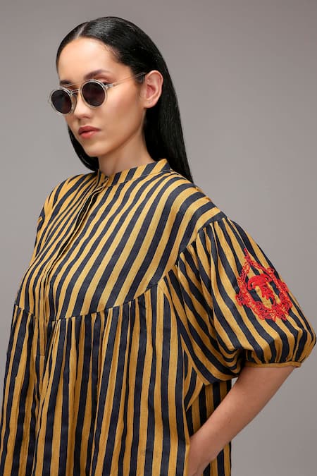 Shop_MATI_Brown Cotton Embroidery Mandarin Collar Striped Tunic And Pant Set  