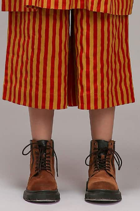 MATI_1 Brown Cotton Embroidery Mandarin Collar Striped Tunic And Pant Set Online at Aza Fashions MATI_1_Brown Cotton Embroidery Mandarin Collar Striped Tunic And Pant Set _Online_at_Aza_Fashions