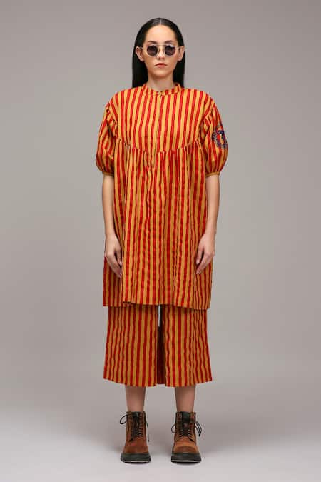 Buy MATI_1 Brown Cotton Embroidery Mandarin Collar Striped Tunic And Pant Set Online at Aza Fashions Buy_MATI_1_Brown Cotton Embroidery Mandarin Collar Striped Tunic And Pant Set _Online_at_Aza_Fashions