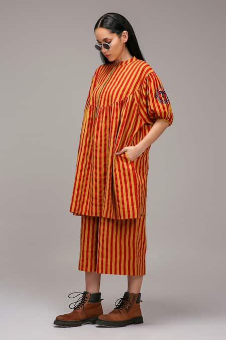 Shop MATI_1 Brown Cotton Embroidery Mandarin Collar Striped Tunic And Pant Set Online at Aza Fashions Shop_MATI_1_Brown Cotton Embroidery Mandarin Collar Striped Tunic And Pant Set _Online_at_Aza_Fashions