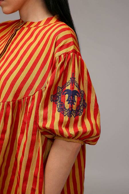 MATI_1 Brown Cotton Embroidery Mandarin Collar Striped Tunic And Pant Set at Aza Fashions MATI_1_Brown Cotton Embroidery Mandarin Collar Striped Tunic And Pant Set _at_Aza_Fashions