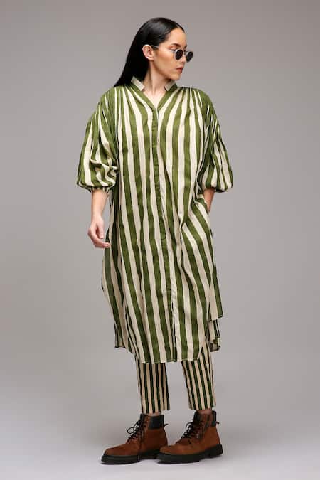 Buy_MATI_1_Off White Cotton Split V-neck, Mandarin Collar Striped Long Tunic _Online_at_Aza_Fashions