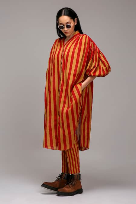 MATI_1_Brown Cotton Collared, V-neck Long Striped Tunic  _Online_at_Aza_Fashions