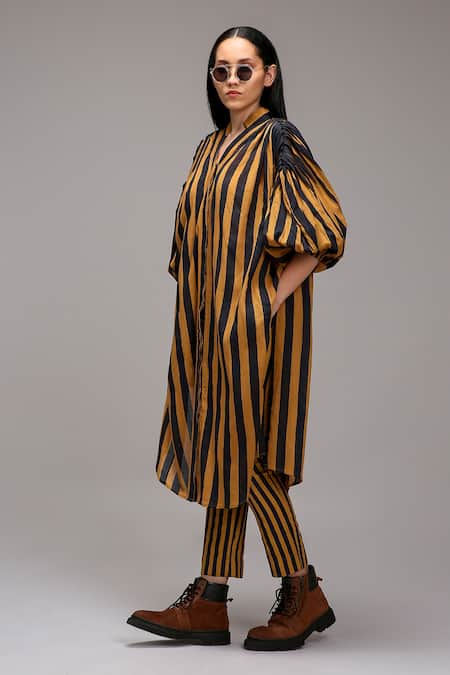 MATI_1 Brown Cotton V-neck, Collared Long Striped Tunic Online at Aza Fashions MATI_1_Brown Cotton V-neck, Collared Long Striped Tunic _Online_at_Aza_Fashions