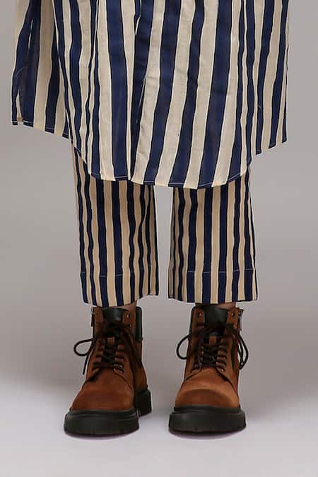 MATI_Off White Cotton Collared, , Split Striped Tunic And Pant Set _Online_at_Aza_Fashions