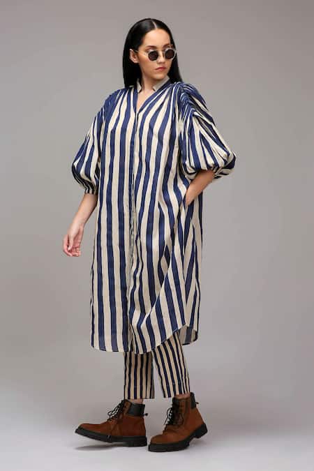 Buy_MATI_Off White Cotton Collared, , Split Striped Tunic And Pant Set _Online_at_Aza_Fashions