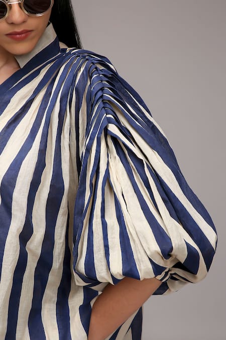 Shop_MATI_Off White Cotton Collared, , Split Striped Tunic And Pant Set _Online_at_Aza_Fashions