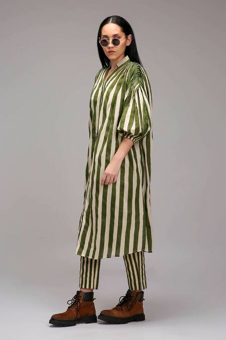 MATI_Green Cotton Split V-neck, Collared Striped Tunic And Pant Set _Online_at_Aza_Fashions