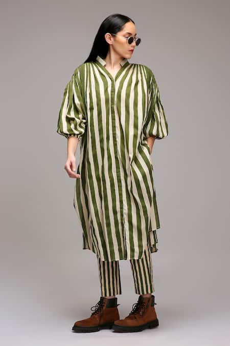 Shop_MATI_Green Cotton Split V-neck, Collared Striped Tunic And Pant Set _Online_at_Aza_Fashions