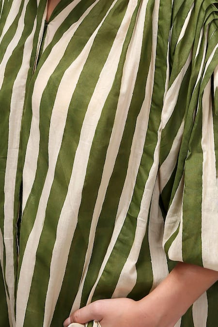 MATI_Green Cotton Split V-neck, Collared Striped Tunic And Pant Set _at_Aza_Fashions