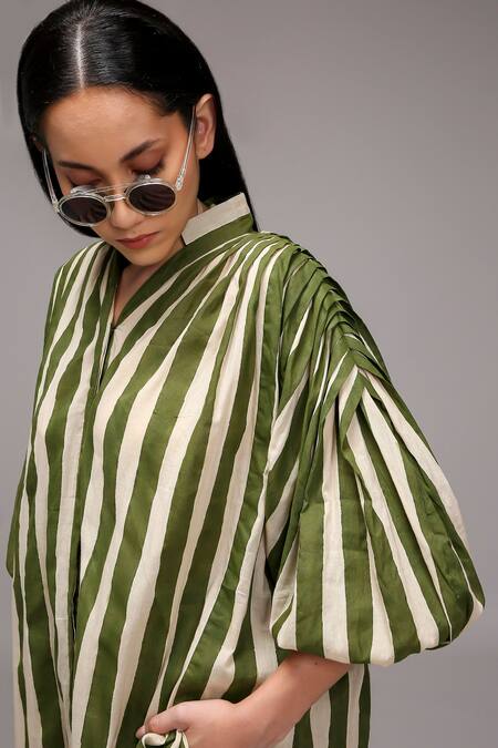 Buy_MATI_Green Cotton Split V-neck, Collared Striped Tunic And Pant Set 