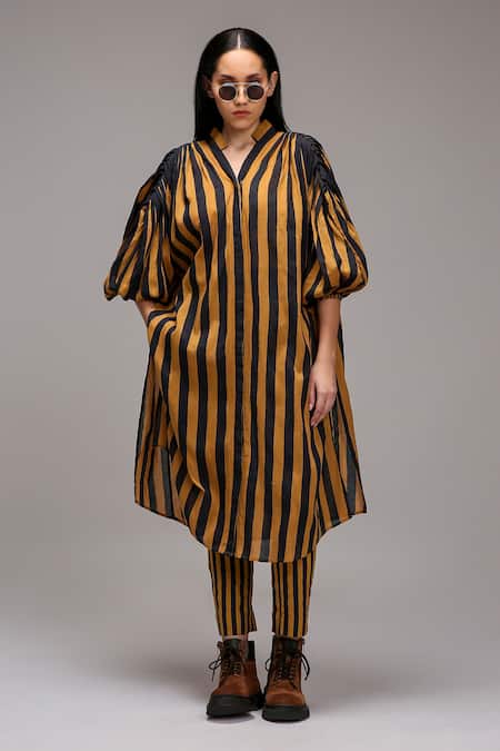 MATI_1 Brown Cotton V-neck, Collared Striped Tunic And Pant Set Online at Aza Fashions MATI_1_Brown Cotton V-neck, Collared Striped Tunic And Pant Set _Online_at_Aza_Fashions