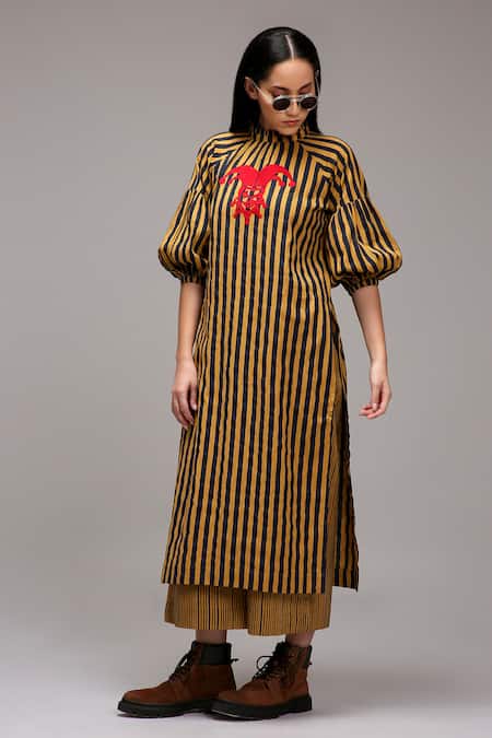 Buy MATI_1 Brown Cotton Embroidery High Neck Striped Jester Motif Tunic Online at Aza Fashions Buy_MATI_1_Brown Cotton Embroidery High Neck Striped Jester Motif Tunic _Online_at_Aza_Fashions