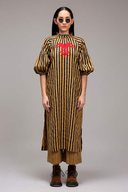 Shop MATI_1 Brown Cotton Embroidery High Neck Striped Jester Motif Tunic Online at Aza Fashions Shop_MATI_1_Brown Cotton Embroidery High Neck Striped Jester Motif Tunic _Online_at_Aza_Fashions