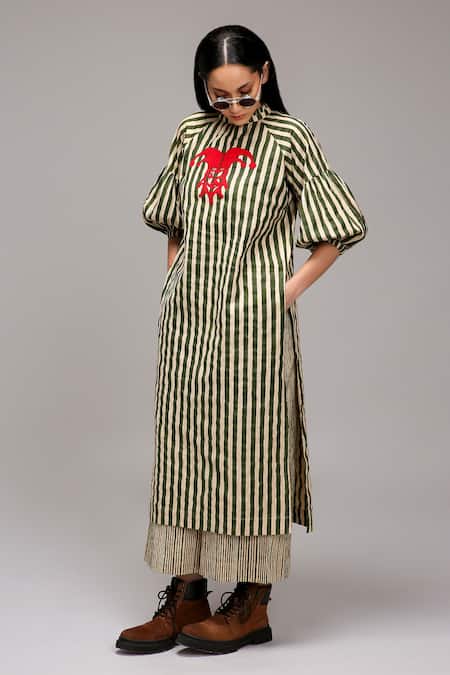 Buy MATI_1 Off White Cotton Embroidery High Neck Striped Tunic And Pant Set Online at Aza Fashions Buy_MATI_1_Off White Cotton Embroidery High Neck Striped Tunic And Pant Set _Online_at_Aza_Fashions