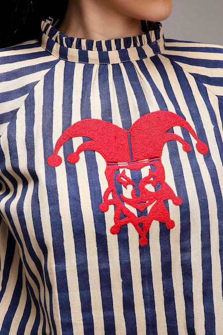 Buy_MATI_1_Off White Cotton Embroidery High Neck Striped Jester Motif Tunic And Pant Set _Online_at_Aza_Fashions