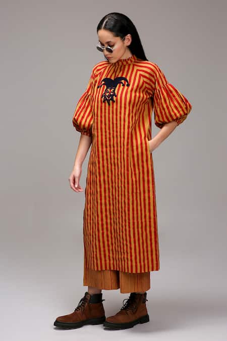 Buy_MATI_1_Red Cotton Embroidery High Neck Striped Jester Motif Tunic And Pant Set _Online_at_Aza_Fashions