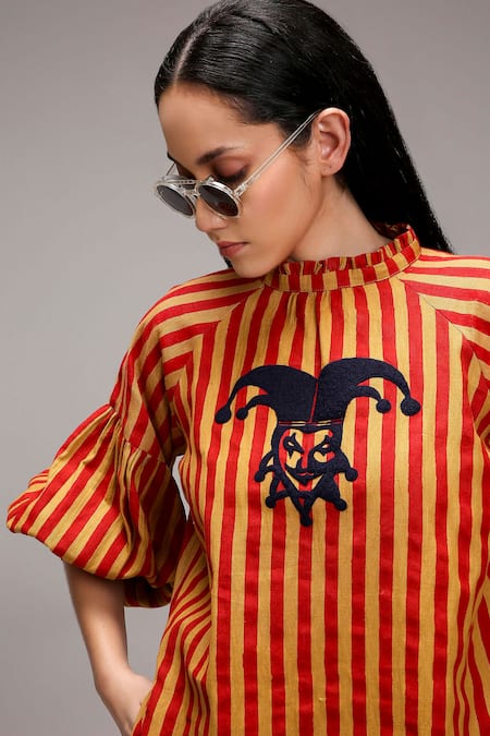 Shop_MATI_1_Red Cotton Embroidery High Neck Striped Jester Motif Tunic And Pant Set _Online_at_Aza_Fashions