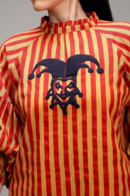 MATI_1_Red Cotton Embroidery High Neck Striped Jester Motif Tunic And Pant Set _at_Aza_Fashions