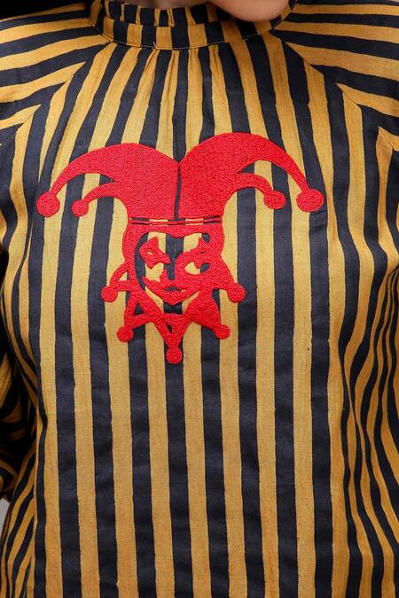 Shop_MATI_Brown Cotton Embroidery High Neck Striped Tunic And Pant Set  _Online_at_Aza_Fashions